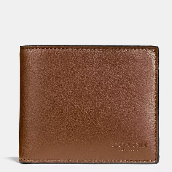 COACH MEN 'S DARK SADDLE 3 IN 1 COMPACT ID LEATHER WALLET #74991 NWT - Picture 1 of 5